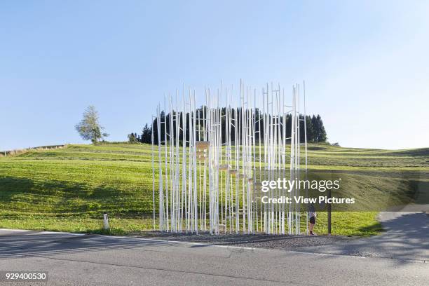 Bus stop elevating a staircase amongst a field of slender posts. Project:BUS:STOP in Krumbach, Austria, Bränden, Austria. Architect: Sou Fujimoto,...