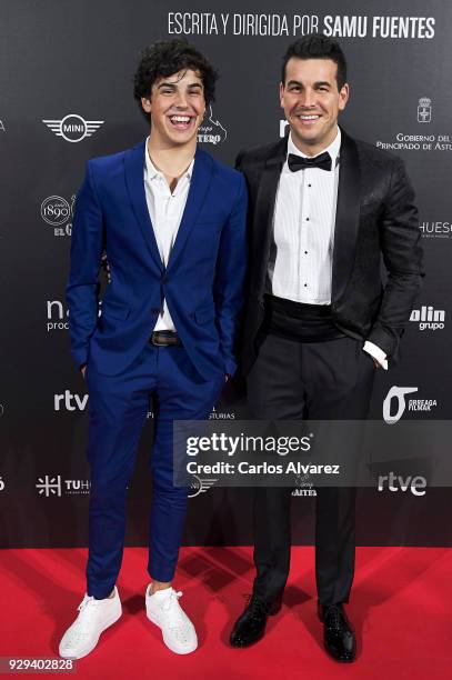 Actors Oscar Casas and Mario Casas attend 'Bajo La Piel del Lobo' premiere at the Callao cinema on March 8, 2018 in Madrid, Spain.