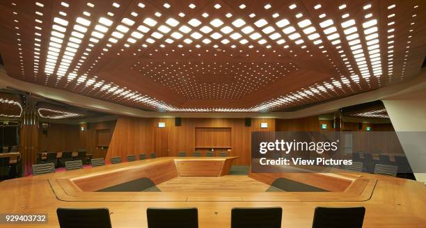 Interior of timber lined meeting room. Singapore University of Technology and Design, Singapore, Singapore. Architect: UNStudio, 2015.