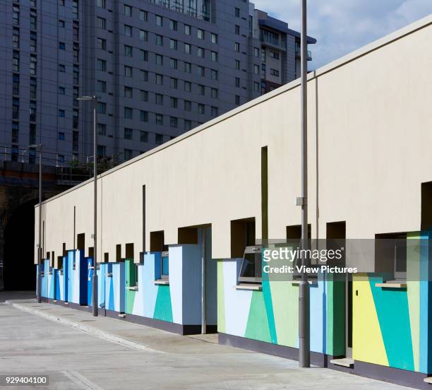 Perspective of colour coded facade. Battersea Dogs & Cats Home, London, United Kingdom. Architect: Jonathan Clark Architects, 2015.