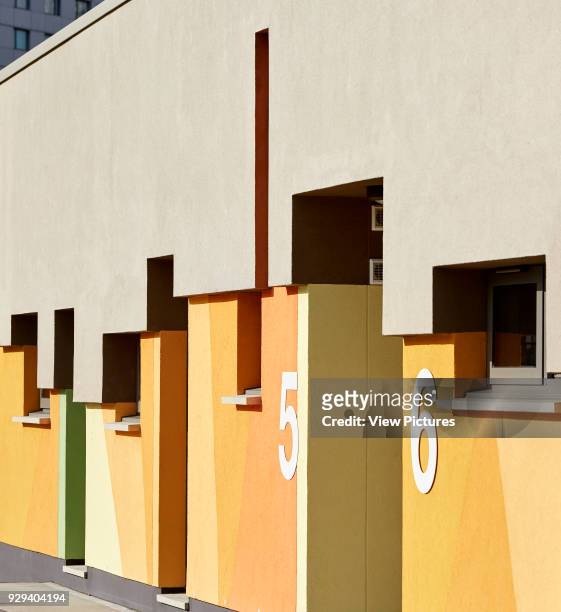 Detail of color coded facade perspective. Battersea Dogs & Cats Home, London, United Kingdom. Architect: Jonathan Clark Architects, 2015.