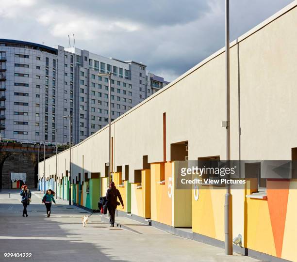 Color coded facade perspective. Battersea Dogs & Cats Home, London, United Kingdom. Architect: Jonathan Clark Architects, 2015.