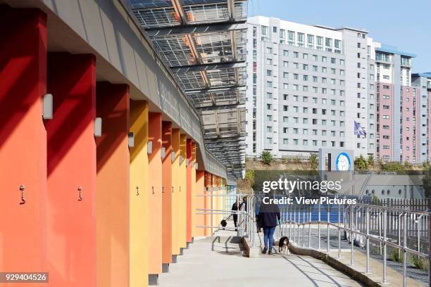 Color coded facade perspective with photovoltaic canopy and ramp. Battersea Dogs & Cats Home, London, United Kingdom. Architect: Jonathan Clark...