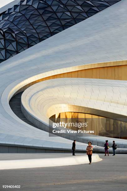 Detail of exterior facade with visitors. Harbin Opera House, Harbin, China. Architect: MAD Architects, 2015.