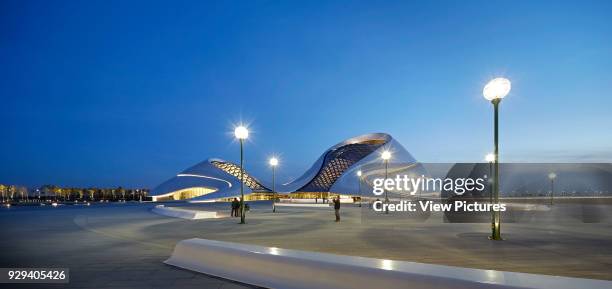 Wide view of piazza at night with lit up lampposts. Harbin Opera House, Harbin, China. Architect: MAD Architects, 2015.