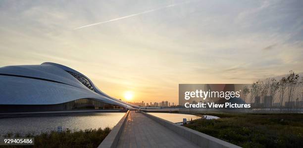 Distant view towards opera with pedestrian bridge crossing wetlands. Harbin Opera House, Harbin, China. Architect: MAD Architects, 2015.