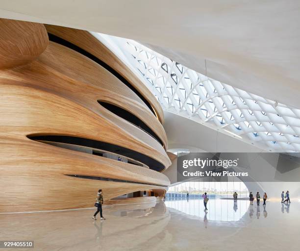 Skylit entrance foyer with timber cladding of staircases and auditorium. Harbin Opera House, Harbin, China. Architect: MAD Architects, 2015.