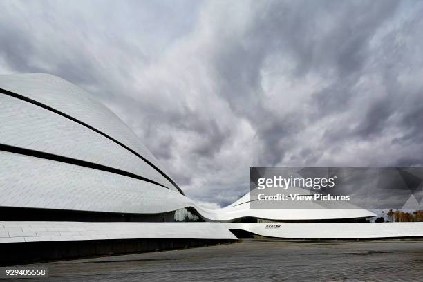 Exterior facade with paizza and dramatic sky. Harbin Opera House, Harbin, China. Architect: MAD Architects, 2015.