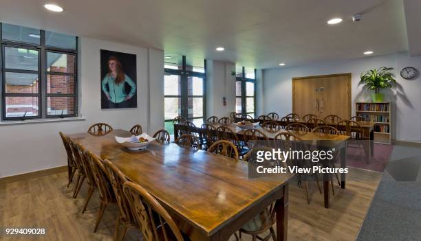 Communal dining area. Felsted School Boarding House, Felsted, United Kingdom. Architect: Barnsley Hewett & Mallinson, 2015.