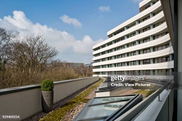 Chiswick Point Apartments, balcony view over Gunnersbury Triangle Nature Reserve and garden at first floor level. Chiswick Point, Chiswick, United...