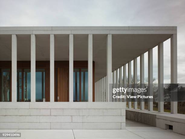 Detail of front elevation with loggia and entrance. Literaturmuseum der Moderne, Marbach, Germany. Architect: David Chipperfield Architects Ltd, 2006.