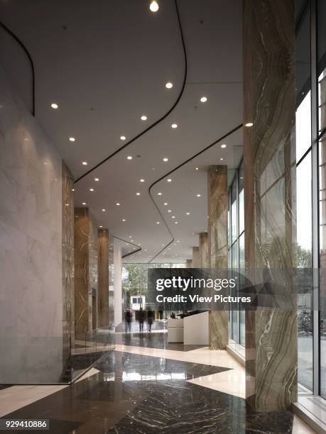 The Rock, Amsterdam, Netherlands. Architect: Erick van Egeraat, 2011. View through entrance foyer on street level.