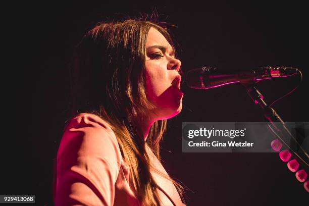 Swedish singer Klara Soederberg of First Aid Kit performs live on stage during a concert at the Columbia Halle on March 08, 2018 in Berlin, Germany.