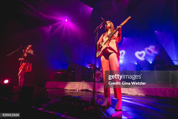 Swedish singer Klara Soederberg and Johanna Soederberg of First Aid Kit perform live on stage during a concert at the Columbia Halle on March 08,...