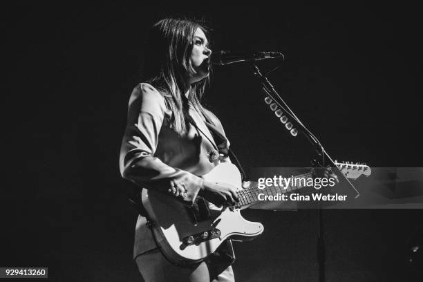 Swedish singer Klara Soederberg of First Aid Kit performs live on stage during a concert at the Columbia Halle on March 08, 2018 in Berlin, Germany.