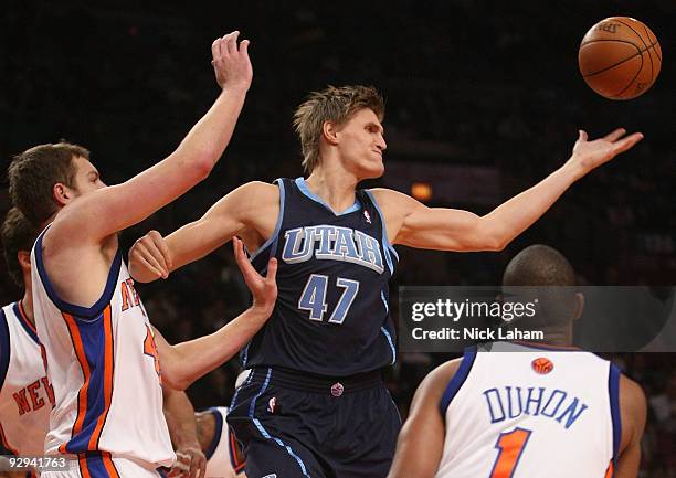 Andrei Kirilenko of the Utah Jazz loses control of the ball against the New York Knicks at Madison Square Garden on November 9, 2009 in New York...