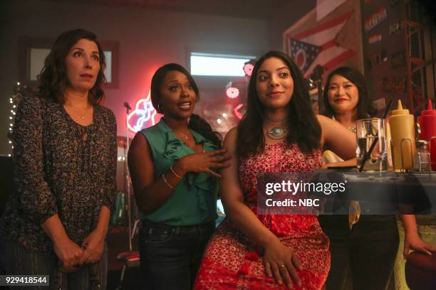 Dating Toledoans" Episode 103 -- Pictured: Jean Villepique as Michelle, Lyric Lewis as Stef, Emily Jasmin Tunon as Vicky, Mary Sohn as Mary --