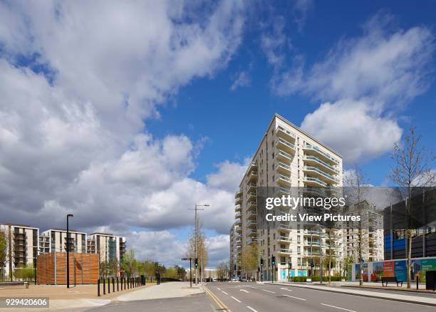 Vesta House, London 2012 Olympic Village, London, United Kingdom. Architect: DSDHA, 2014. Approach to residential tower from Westfield.