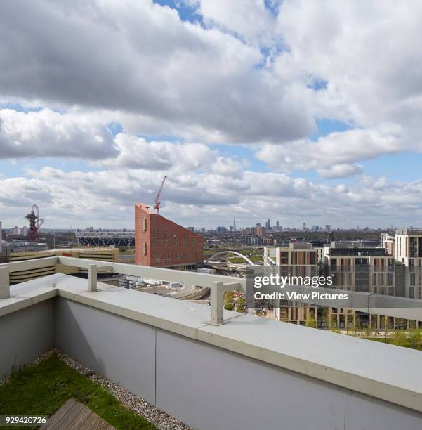 Vesta House, London 2012 Olympic Village, London, United Kingdom. Architect: DSDHA, 2014. Roof terrace with panoramic view towards city and the...