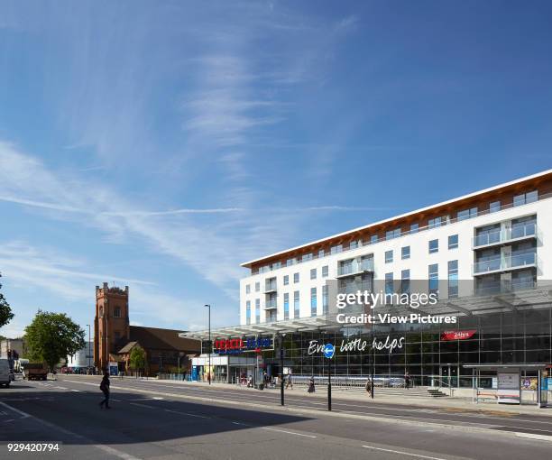 Streatham Hub Leisure Development, London, United Kingdom. Architect: Michael Aukett Architects Limited, 2014. Street view in perspective.