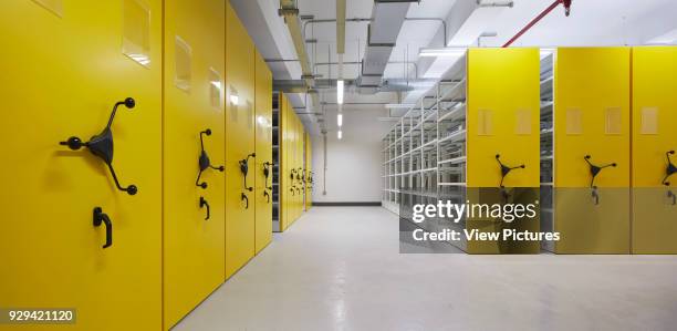 Panorama of archive and record repository in yellow. Herefordshire Archives, Hereford, United Kingdom. Architect: Architype Limited, 2015.