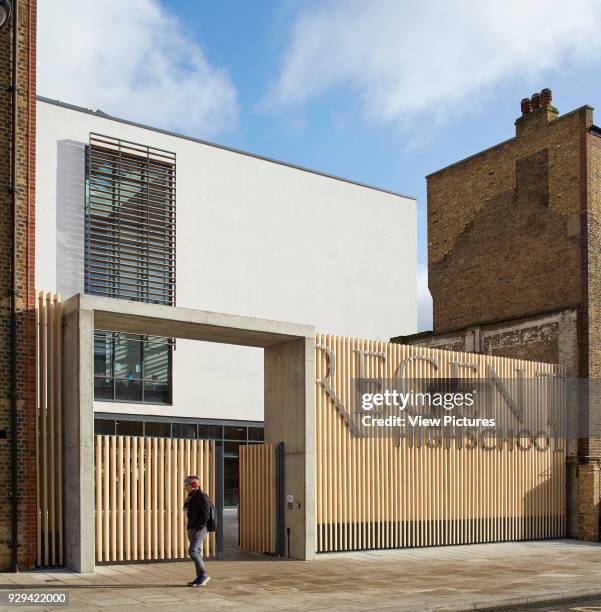 Entrance gate on Chalton Street with school's signage. Regent High School, London, United Kingdom. Architect: Walters and Cohen Ltd, 2015.