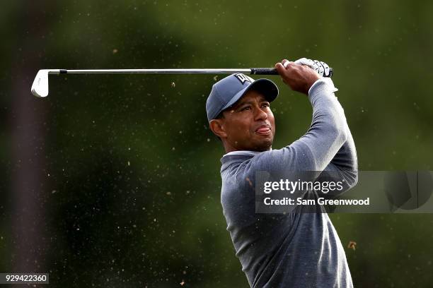 Tiger Woods plays his shot from the 17th tee during the first round of the Valspar Championship at Innisbrook Resort Copperhead Course on March 8,...