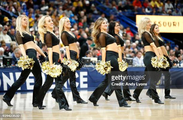 The Missouri Tigers dance team performs in the game against the Georgia Bulldogs during the second round of the 2018 SEC Basketball Tournament at...