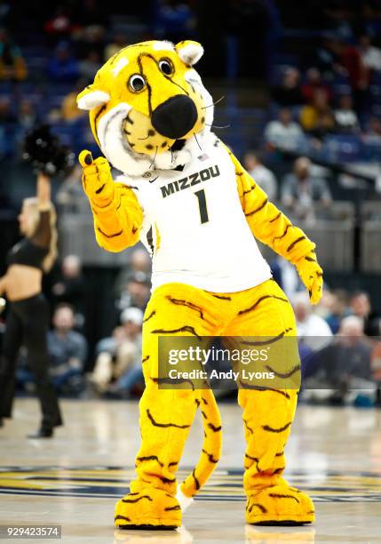 The Missouri Tigers mascot performs in the game against the Georgia Bulldogs during the second round of the 2018 SEC Basketball Tournament at...