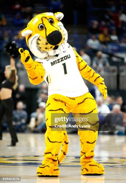 The Missouri Tigers mascot performs in the game against the Georgia Bulldogs during the second round of the 2018 SEC Basketball Tournament at...