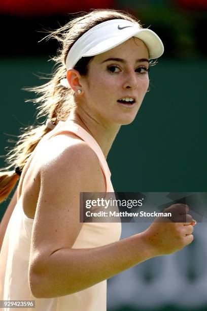 Catherine 'Cici' Bellis celebrates match point against Sara Sorribes Tormo of Spain during the BNP Paribas Open at the Indian Wells Tennis Garden on...