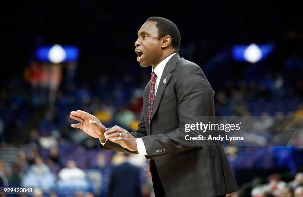 Avery Johnson the head coach of the Alabama Crimson Tide gives instructions to his team against the Texas A&M Aggies during the second round of the...