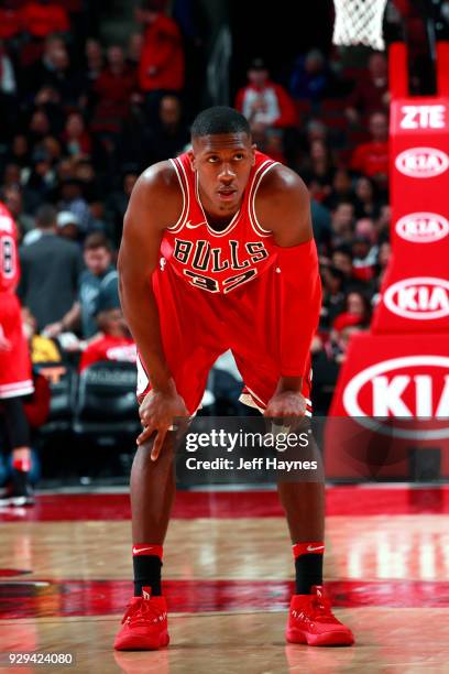 Kris Dunn of the Chicago Bulls looks on during the game against the Memphis Grizzlies on March 7, 2018 at United Center in Chicago, Illinois. NOTE TO...