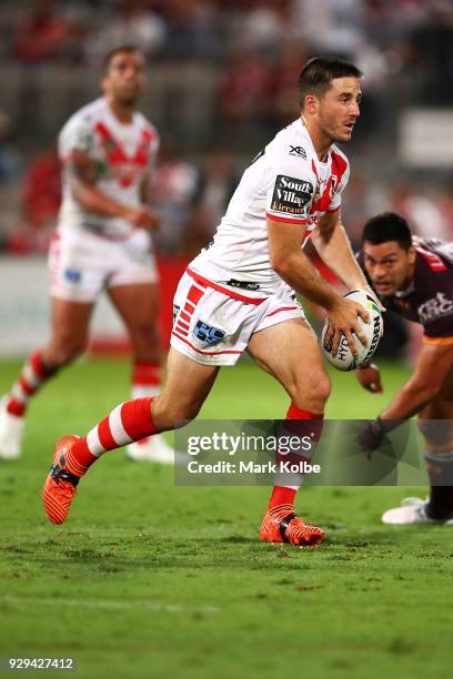 Ben Hunt of the Dragons shapes to kick during the round one NRL match between the St George Illawarra Dragons and the Brisbane Broncos at UOW Jubilee...