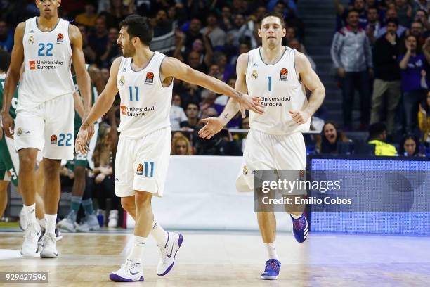 Facundo Campazzo, #11 and Fabien Causeur, #1 of Real Madrid in action during the 2017/2018 Turkish Airlines EuroLeague Regular Season Round 25 game...