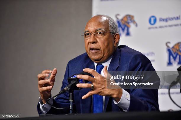 Memphis Tigers coach Tubby Smith talks to reporters during the post game press conference after an NCAA college basketball game against the South...