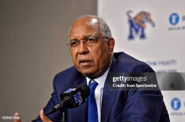 Memphis Tigers coach Tubby Smith talks to reporters during the post game press conference after an NCAA college basketball game against the South...