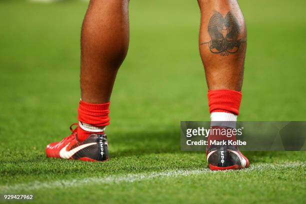 The legs of Tim Lafai of the Dragons are seen during the round one NRL match between the St George Illawarra Dragons and the Brisbane Broncos at UOW...