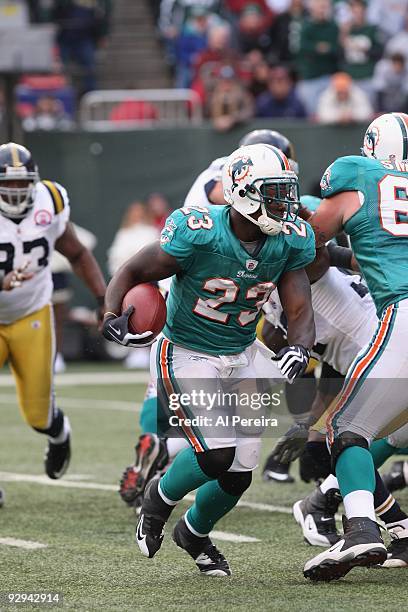 Running Back Ronnie Brown of the Miami Dolphins runs the ball against the New York Jets during their NFL game at Giants Stadium on November 1, 2009...