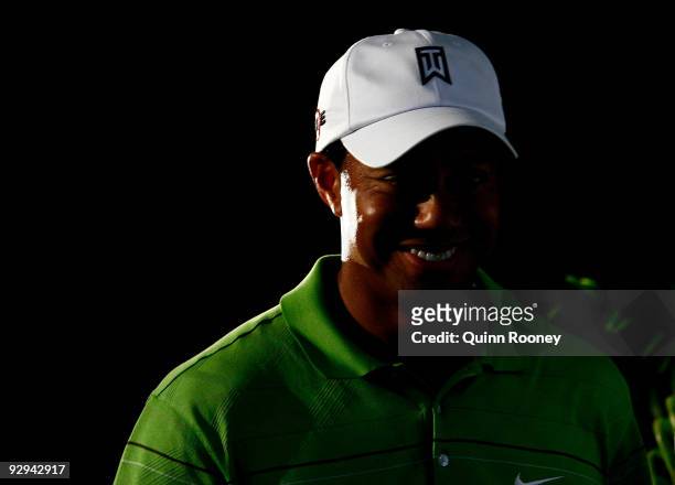 Tiger Woods of the USA arrives for a press conference ahead of the 2009 Australian Masters at Kingston Heath Golf Club on November 10, 2009 in...