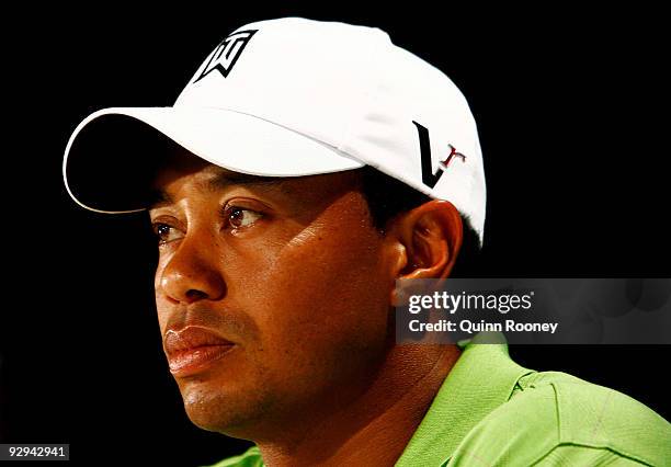 Tiger Woods of the USA answers questions from the media at a press conference ahead of the 2009 Australian Masters at Kingston Heath Golf Club on...