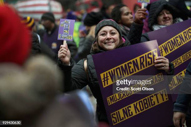 Women, activists, and SEIU members hold a rally to celebrate International Womens Day on March 8, 2018 in Chicago, Illinois. International Womens Day...