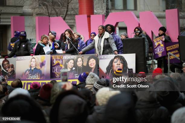 Women, activists, and SEIU members hold a rally to celebrate International Womens Day on March 8, 2018 in Chicago, Illinois. International Womens Day...