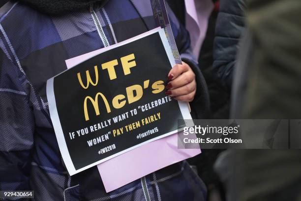 Women, activists, and SEIU members hold a rally to celebrate International Womens Day on March 8, 2018 in Chicago, Illinois. International Womens Day...