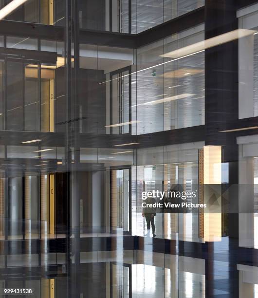 Interior view in atrium. 6 Pancras Square, London, United Kingdom. Architect: Wilmotte UK Ltd, 2015.