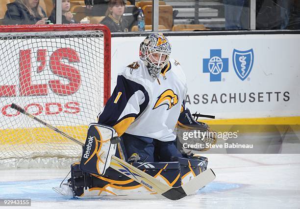 Jhonas Enroth of the Buffalo Sabres during warm-ups against the Boston Bruins at the TD Garden on November 7, 2009 in Boston, Massachusetts.