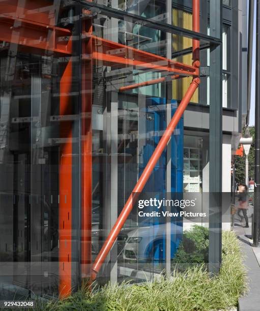 Exterior detail of lift shaft. Neo Bankside, London, United Kingdom. Architect: Rogers Stirk Harbour + Partners, 2014.