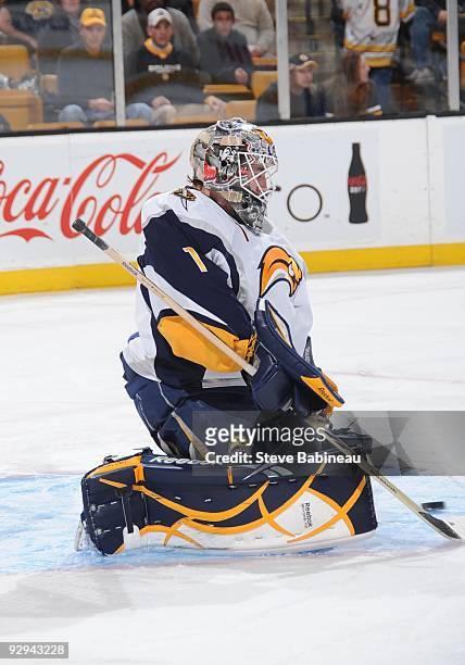 Jhonas Enroth of the Buffalo Sabres watches the loose puck against the Boston Bruins at the TD Garden on November 7, 2009 in Boston, Massachusetts.