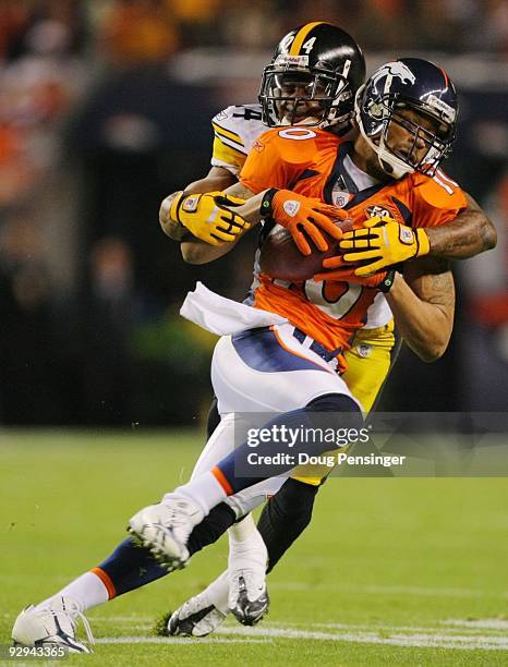 Ike Taylor of the Pittsburgh Steelers tackles Jabar Gaffney of the Denver Broncos at Invesco Field at Mile High on November 09, 2009 in Denver,...