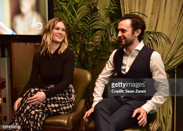Actors Julia Stiles and George Blagden speak on stage as Ovation TV hosts 2018-2019 Programming Preview at Soho Grand Hotel on March 8, 2018 in New...